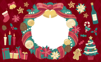 クリスマスリースのイラスト赤背景_横5