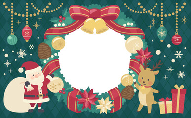 クリスマスリースのイラスト緑背景_横2