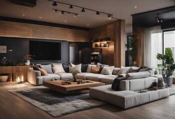 Comfortable and casual living room interior design with a large sectional natural wood accents
