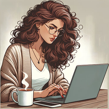 Focused young woman with wavy hair engrossed in work, surrounded by modern tech and a steaming cup of coffee.