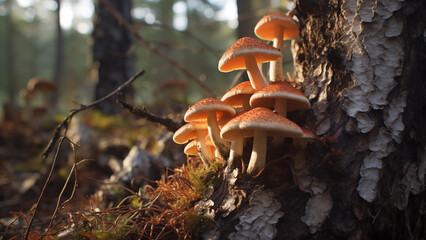 Poisonous mushrooms growing on rotten trees in a humid and dense forest.
