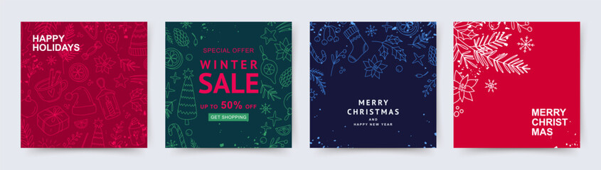 Christmas Winter Holidays square templates with hand drawn cute line style design elements. Winter sale on social networks. Vector illustration for greeting card, cover, banner, social media post - obrazy, fototapety, plakaty