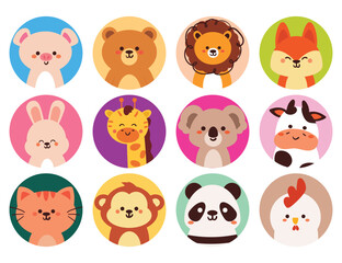 set of hand drawing cartoon animals sticker set. cute animal drawing for sticker, icon