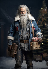 Santa Claus de pie sin gorro y con ropa vaquera al lado de un árbol de navidad, sujeta unos paquetes con la mano izquierda y un zurrón con la mano derecha, larga barba y pelo blancos - obrazy, fototapety, plakaty