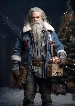 Santa Claus de pie sin gorro y con ropa vaquera al lado de un &aacute;rbol de navidad, sujeta unos paquetes con la mano izquierda y un zurr&oacute;n con la mano derecha, larga barba y pelo blancos