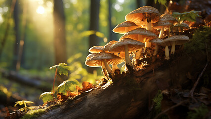 Poisonous mushrooms growing on rotten trees in a humid and dense forest.