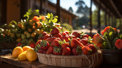 A busy farmer's market stall piled high with crates of freshly picked, sun-kissed strawberries, creating a vibrant and tempting display of nature's vitamin C bounty