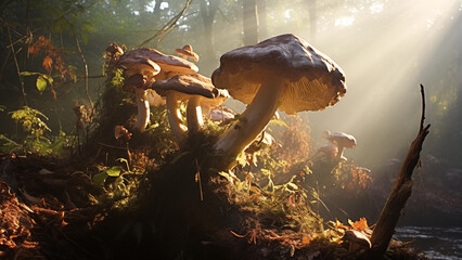 Poisonous mushrooms growing on rotten trees in a humid and dense forest. - Powered by Adobe