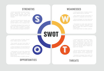 PrintFour colorful elements with text inside placed around circle. Concept of SWOT-analysis template or strategic planning technique. Infographic design template. Vector illustration for marketing\ - obrazy, fototapety, plakaty