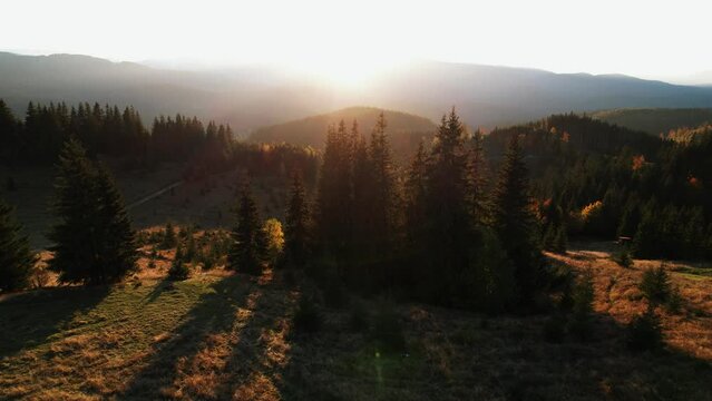 Panoramic view of the beautiful autumn mountains of the Carpathians. Frame from a 4k drone