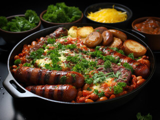 A pan filled with sausages, beans, and potatoes. - obrazy, fototapety, plakaty