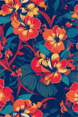 Floral Abstraction, 2D Flat Vector Seamless Patterns in Blue and Red