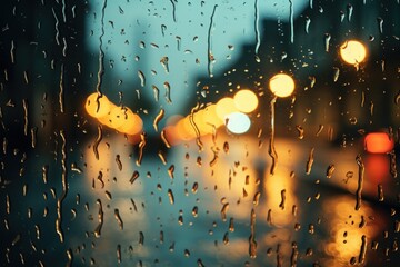 Image of a night street full of rain on a window, water drops. Generative AI. - obrazy, fototapety, plakaty