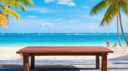 Obraz premium empty wooden table for product placement in front of sea, ocean and palm tree. 