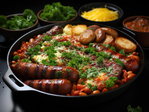 A pan filled with sausages, beans, and potatoes.