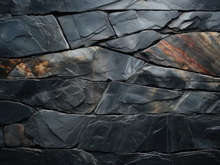 Black granite slabs background in a panorama of dark grey black slate texture.