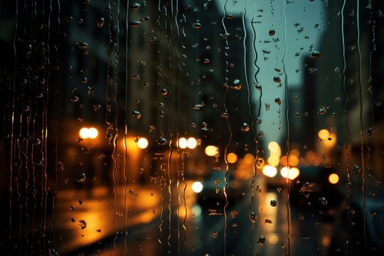 Image of a night street full of rain on a window, water drops. Generative AI.