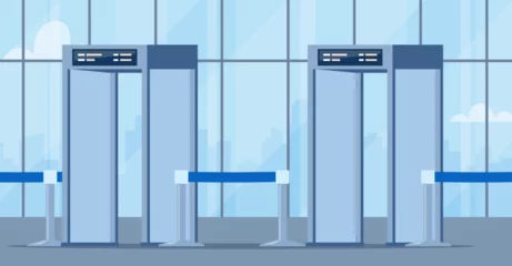 Fotobehang Airport security metal detectors in airport lounge. Full body scanners. Security check gates. Vector illustration. © Alena