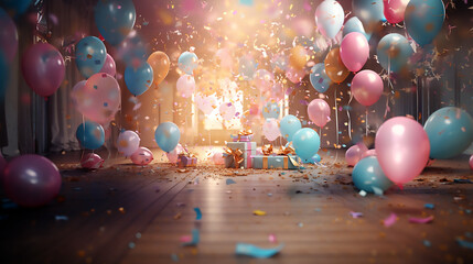 Habitación en horizontal para celebración llena de globos de colores rosas y azules y confeti volando por el aire con luz natural y suelo de madera. - obrazy, fototapety, plakaty