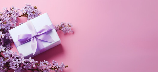 Lilac branches and gift box on a pink background