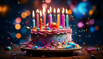 Tarta de cumpleaños de colores llamativos con velas encendidas y confeti en el aire. Decoración de pastel sorpresa. - obrazy, fototapety, plakaty