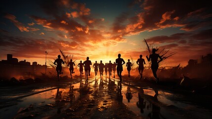 sportif en train de marcher en contre jour au jeux olympique vers le soleil - obrazy, fototapety, plakaty