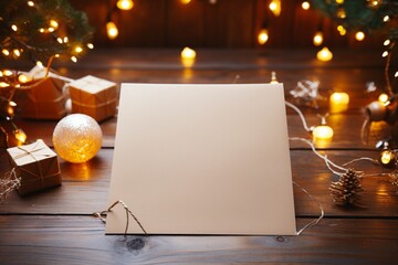 A blank paper surrounded by festive Christmas lights and colorful decorations - obrazy, fototapety, plakaty