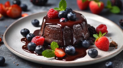 Plate with delicious chocolate fondant, berries and mint on white tiled table, closeup. Food concept. Sweet cuisine.