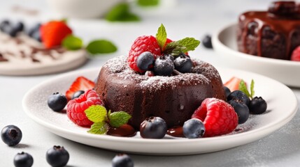 Plate with delicious chocolate fondant, berries and mint on white tiled table, closeup. Food concept. Sweet cuisine.