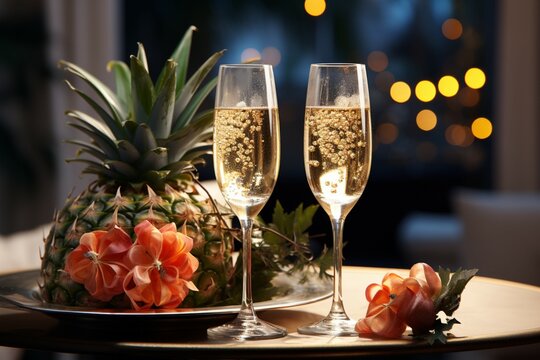 Elegant champagne glass complements a romantic dinner scene with sophistication and love