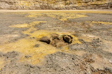 Stefanos crater of volcano in Nisiros, Kos, Dodecanese, Greece with sulfur and fumarole