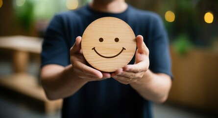 Customer selects a happy face on a wooden circle for positive feedback