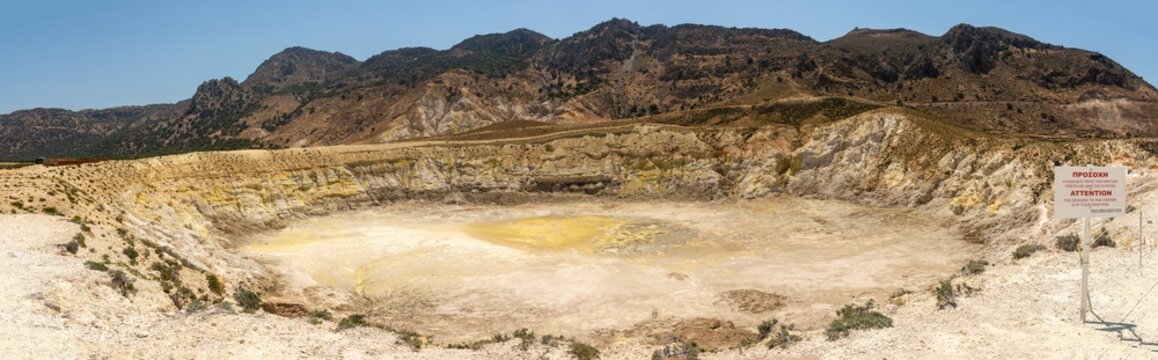 Stefanos crater of volcano in Nisiros, Kos, Dodecanese, Greece with sulfur and fumarole