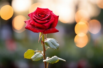 Red rose bud petal in focus with colorful Valentines Day bokeh background