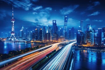 Fototapeta na wymiar Shanghai Lujiazui Finance and Trade Zone of the modern city night background, Shanghai city skyline and expressway at night,China, AI Generated