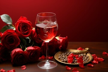 Red roses and an empty red wine glass create a Valentines dining scene
