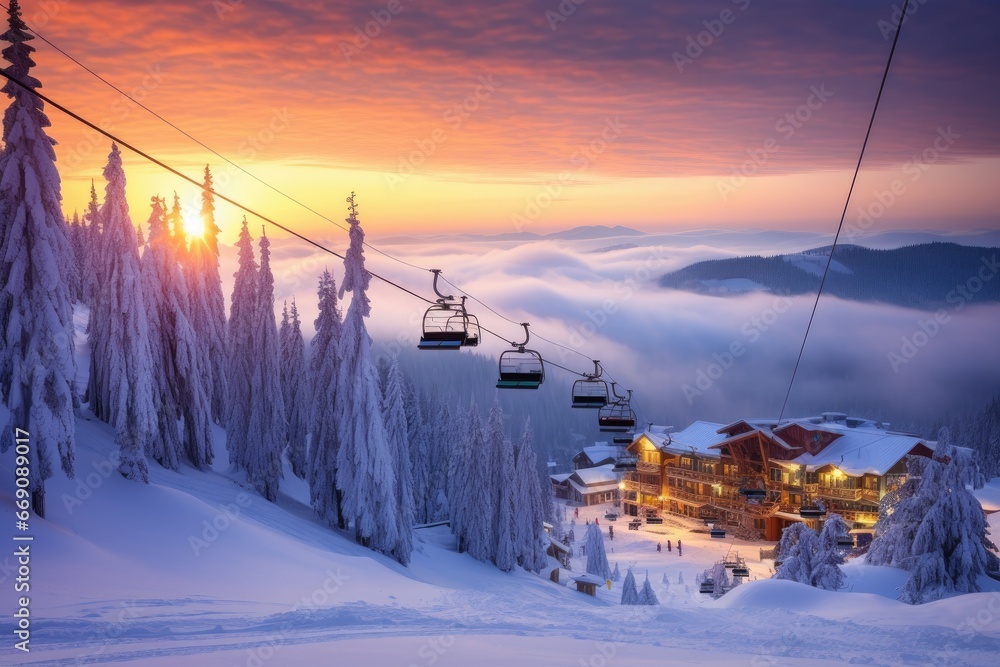 Wall mural Sunrise in the winter mountains. Ski resort in Carpathians, Ukraine, ski resort in winter, AI Generated