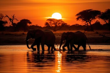 Fototapeta na wymiar Sunset in Chobe National Park, Botswana, Africa, Silhouette of elephants at sunset in Chobe National Park, Botswana, Africa, AI Generated