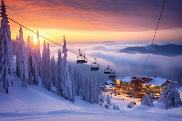 Sunrise in the winter mountains. Ski resort in Carpathians, Ukraine, ski resort in winter, AI Generated - obrazy, fototapety, plakaty