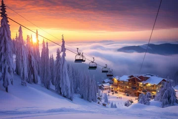 Fotobehang Sunrise in the winter mountains. Ski resort in Carpathians, Ukraine, ski resort in winter, AI Generated © Ifti Digital