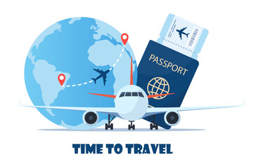 Aircraft, passport with air ticket, planet earth. Time to travel concept. Traveling by plane. International flight. Vector illustration for poster, banner. - obrazy, fototapety, plakaty