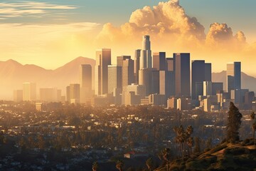 Cityscape of Los Angeles at sunset, California, United States, Skyline of Los Angeles at sunrise, California, USA. 3D rendering, AI Generated
