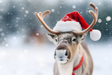Cute reindeer with red winter santa hat in snow