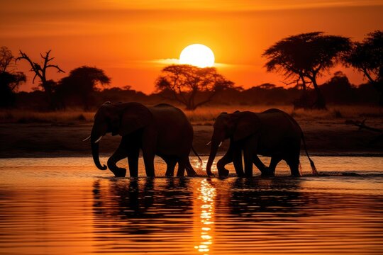 Sunset in Chobe National Park, Botswana, Africa, Silhouette of elephants at sunset in Chobe National Park, Botswana, Africa, AI Generated