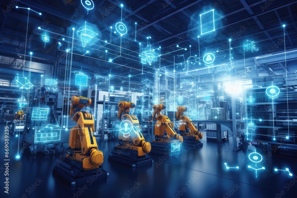 Poster smart industry 4.0 concept - smart factory for fourth industrial revolution with icon graphic showin