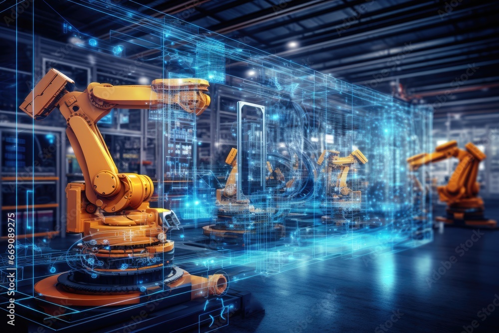 Poster smart industry robot arm system for digital factory production. 3d rendering, smart industry 4.0 tec