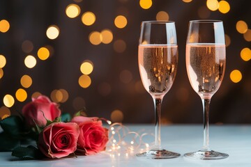 Sparkling rose wine glasses, red roses, and bokeh lights for a romantic celebration