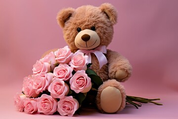 Teddy bear holds pink roses in a Valentines Day scene on pink