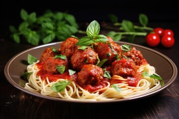 Spaghetti pasta with meatballs and tomato sauce on a dark background, Spaghetti with tomato sauce and meatballs, AI Generated