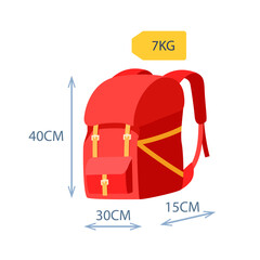 Baggage allowance. Backpack with dimensional arrows weight tag. Weight and size of luggage allowance. Hand luggage requirements for air travel. Vector illustration.